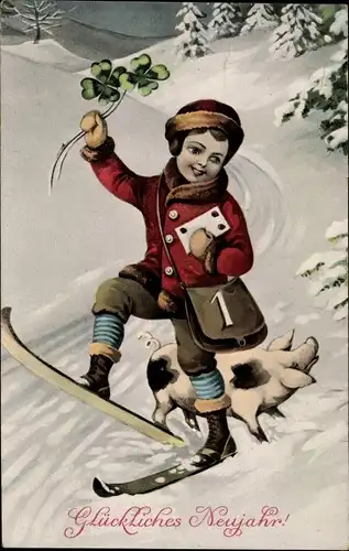 Ak Glückwunsch Neujahr, Junge auf Skiern, Schwein, Kleeblätter
