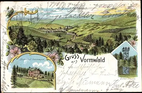 Litho Vormwald Hilchenbach in Westfalen, Panorama, Bahnhof Gleisseite, Giller Turm