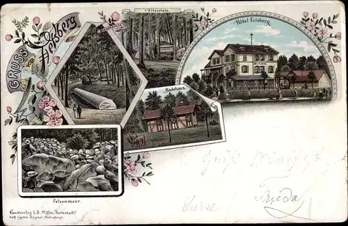 Litho Felsberg in Hessen, Hotel Felsberg, Felsenmeer, Altarstein, Badehaus