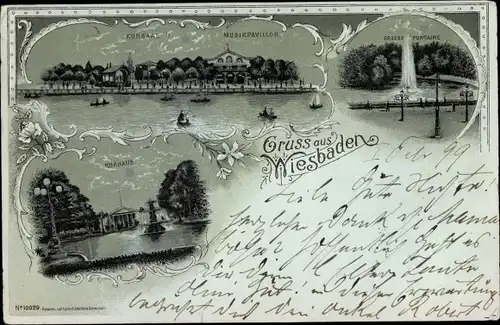 Mondschein Litho Wiesbaden in Hessen, Gr. Fontaine, Musikpavillom, Kursaal, Kurhaus