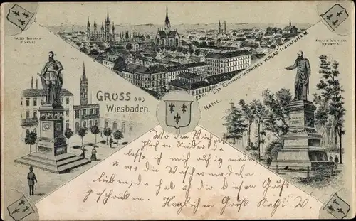 Litho Wiesbaden in Hessen, Kaiser Wilhelm Denkmal, Panorama, Kaiser Friedrich Denkmal