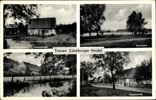 Ak Trauen Munster im Heidekreis, Sportplatz, Hauptstraße, Gemischtwaren, Oertze Partie