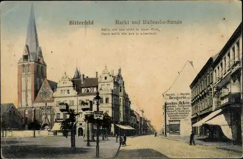 Ak Bitterfeld in Sachsen Anhalt, Marktplatz, Hallesche Straße