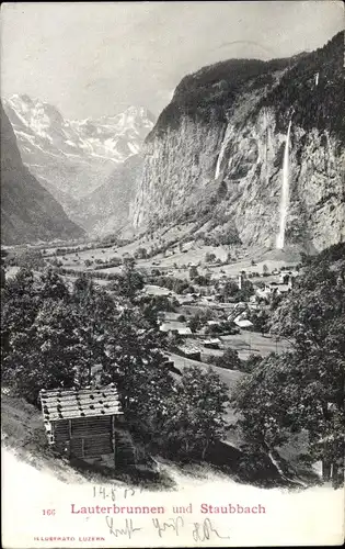 Ak Lauterbrunnen Kt Bern, Blick auf den Ort mit Staubbach