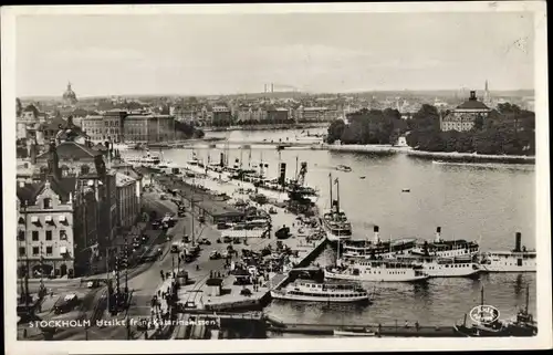 Ak Stockholm Schweden, Utsikt fran Katarinahissen, Blick auf den Hafen, Salondampfer