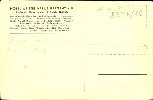 Ak Bregenz Vorarlberg Österreich, Hotel Weißes Kreuz