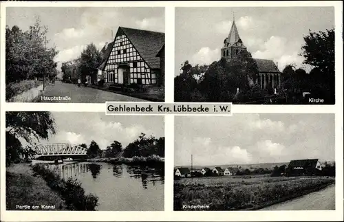 Ak Gehlenbeck Lübbecke in Ostwestfalen, Hauptstraße, Kirche, Partie am Kanal, Kinderheim