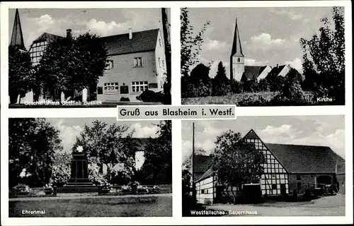 Ak Blasheim Lübbecke in Ostwestfalen, Geschäftshaus, Kirche, Ehrenmal, Westf. Bauernhaus