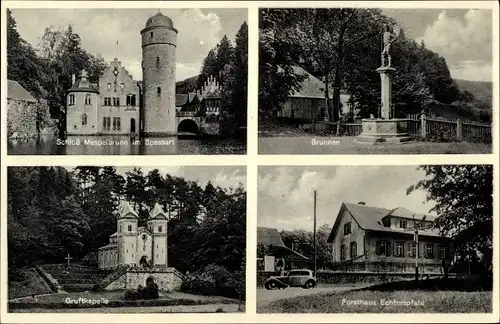 Ak Mespelbrunn im Spessart Unterfranken, Schloss, Gruftkapelle, Forsthaus Echterspfahl, Brunnen