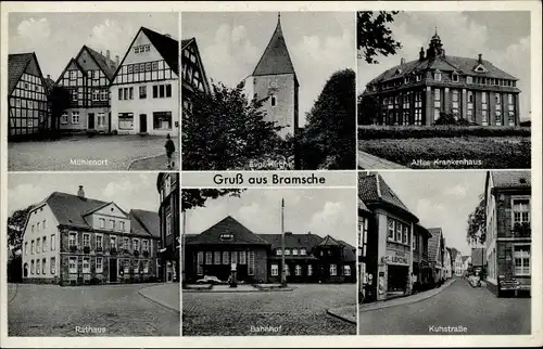 Ak Bramsche in Niedersachsen, Rathaus, Bahnhof, Kuhstraße, Krankenhaus, Kirche, Mühlenort, Geschäft