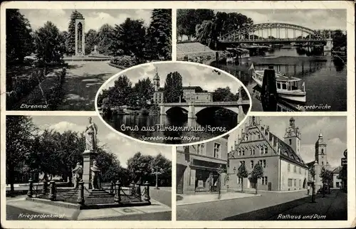 Ak Fürstenwalde an der Spree, Spreebrücke, Hafen, Ehrenmal, Kriegerdenkmal, Rathaus, Dom