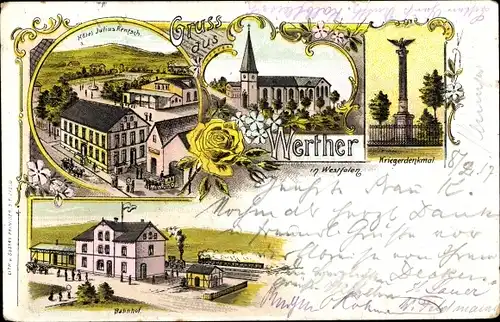 Litho Werther in Westfalen, Bahnhof, Hotel Julius Rentsch, Kirche, Kriegerdenkmal