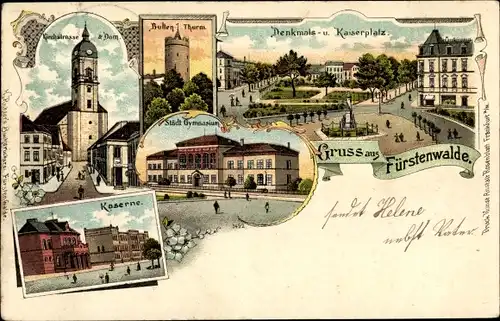 Litho Fürstenwalde an der Spree, Kaiserplatz, Kriegerdenkmal, Kaserne, Gymnasium, Dom