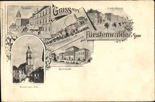 Ak Fürstenwalde an der Spree, Marktplatz, Kirchstraße, Dom, Gymnasium, Ulanen Kaserne