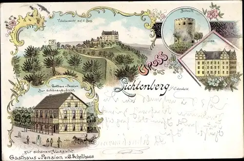 Litho Lichtenberg Fischbachtal im Odenwald, Schloss, Bollwerk, Gasthaus Zur schönen Aussicht