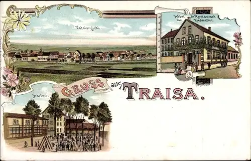 Litho Traisa Mühltal im Odenwald Hessen, Hotel und Pension, Totalansicht der Ortschaft