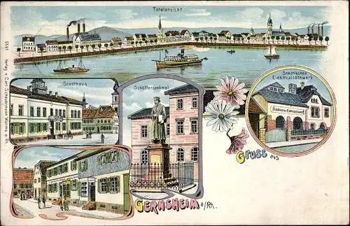 Litho Gernsheim am Rhein Hessen, Städtisches Elektrizitätswerk, Stadthaus, Totalansicht, Denkmal