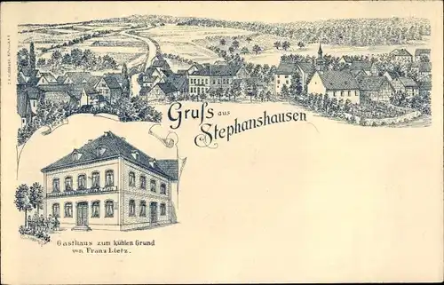 Litho Stephanshausen Geisenheim am Rhein Hessen, Gasthaus zum kühlen Grund, Blick auf den Ort