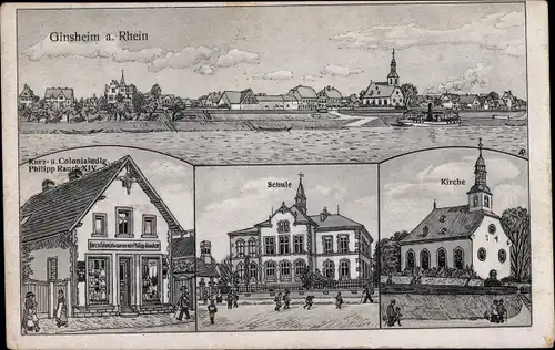 Künstler Ak Ginsheim in Hessen, Kolonialwaren Philipp Rauch, Schule, Kirche, Panorama vom Ort