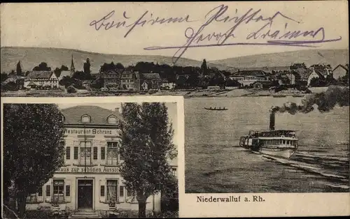 Ak Niederwalluf Walluf am Rhein, Gasthaus zur schönen Aussicht, Restauration Schranz, Totale