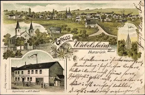 Litho Wiebelsheim am Rhein Hunsrück, Kirche, Gastwirtschaft, Blick auf den Ort