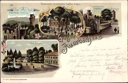 Litho Auerbach Bensheim an der Bergstraße in Hessen, Restaurant, Schloss, Fürstenlager