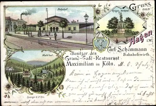 Wappen Litho Hagen in Westfalen Ruhrgebiet, Bahnhof, Gleisseite, Gasthaus, Waldlust