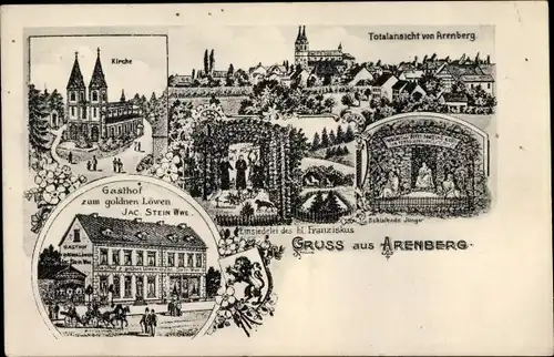 Ak Arenberg Koblenz am Rhein, Kirche, Totalansicht, Schlafende Jünger, Gasthof zum goldenen Löwen