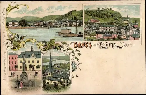 Litho Linz am Rhein, Katholische Kirche, Markt, Blick auf den Ort