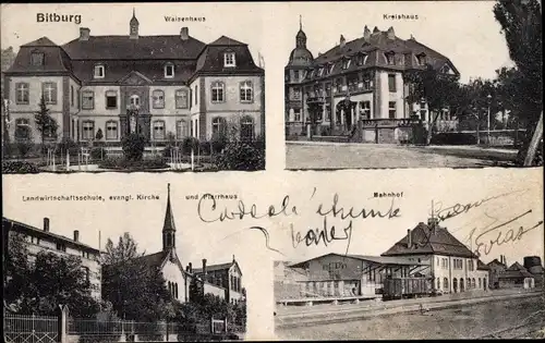 Ak Bitburg in der Eifel, Bahnhof, Gleisseite, Landwirtschaftsschule, Waisenhaus, Kreishaus