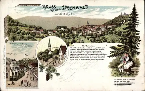 Gedicht Litho Lindenfels im Odenwald, De Ourewald, Stadttor, Burg, Gasthaus Hessisches Haus