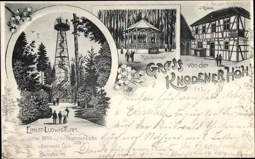 Litho Knoden Lautertal im Odenwald, Knodener Höhe, Gasthaus, Mathildentempel, Ernst Ludwig Turm