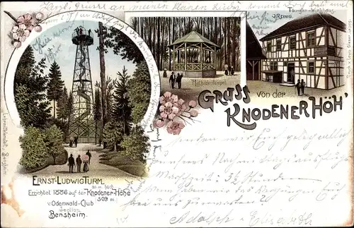 Litho Knoden Lautertal im Odenwald, Knodener Höhe, Gasthaus, Mathildentempel, Ernst Ludwig Turm