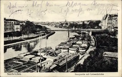 Ak Saarbrücken im Saarland, Luisenbrücke, Saarpartie