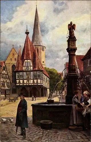 Künstler Ak Hoffmann Michelstadt, Marktplatz m. Rathaus