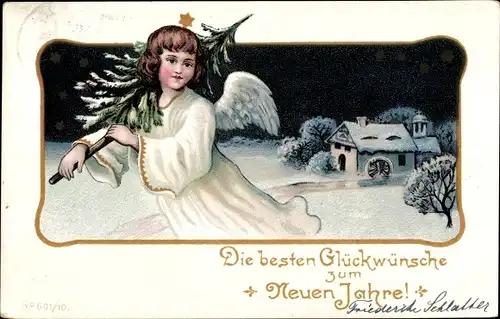 Ak Glückwunsch Neujahr, Engel mit Tannenbaum, Winterlandschaft, Wassermühle