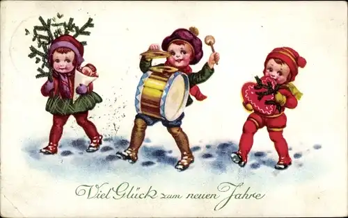 Ak Glückwunsch Neujahr, Kinder mit Pauke, Lebkuchen