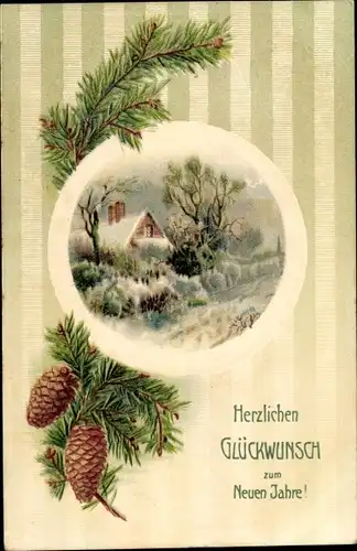 Ak Glückwunsch Neujahr, Dorfmotiv, verschneites Haus, Tannenzweig, Zapfen
