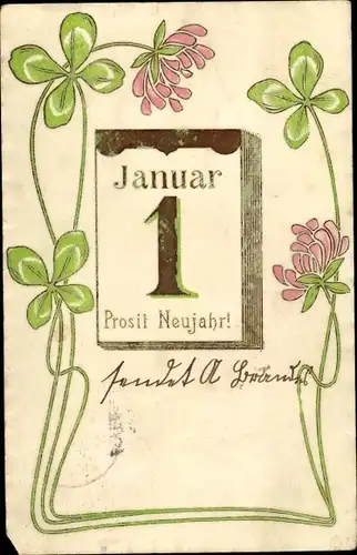 Präge Ak Glückwunsch Neujahr, Kalender, Kleeblätter
