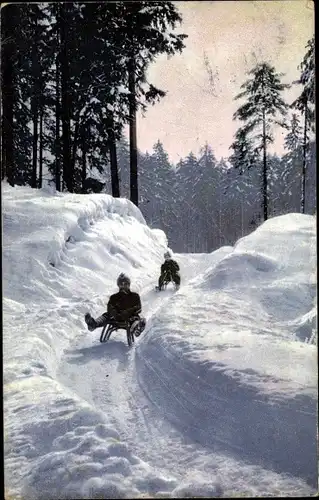 Ak Rodelbahn, Schlittenfahrer bei der Abfahrt