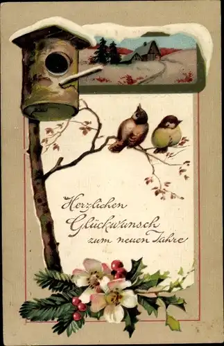 Präge Ak Glückwunsch Neujahr, Vögel auf einem Zweig, Vogelhaus, Stechpalmenzweig
