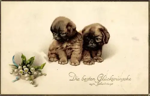 Ak Glückwunsch Geburtstag, Zwei Hundewelpen, Maiglöckchen