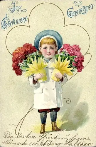 Präge Litho Glückwunsch Geburtstag, Junge mit Blumen