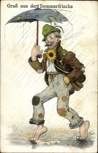 Künstler Ak Gruß aus der Sommerfrische, Landstreicher mit Regenschirm, barfuß