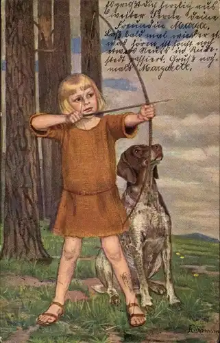 Künstler Ak Kind mit Pfeil und Bogen, Hund