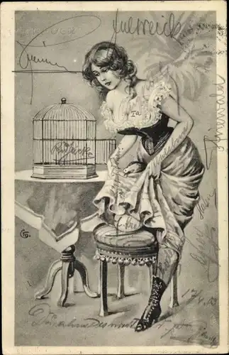 Ak Frau mit Vogel, Vogelkäfig