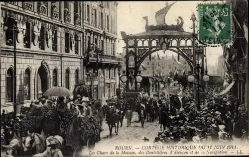 Ak Rouen Seine Maritime, Cortege Historique 1911, Char de la Moisson, Dentellieres, Navigation