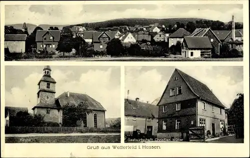 Ak Wetterfeld Laubach in Hessen, Teilansicht, Kirche, Gastwirtschaft