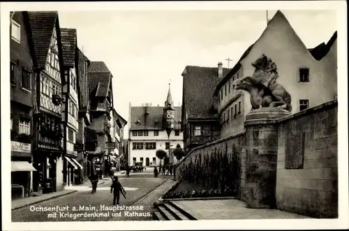 Ak Ochsenfurt in Unterfranken, Hauptstraße mit Kriegerdenkmal und Rathaus