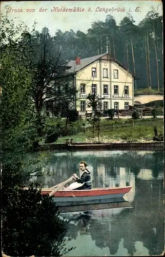 Ak Dresden Nord Langebrück, Blick zur Haidemühle, Mädel im Ruderboot